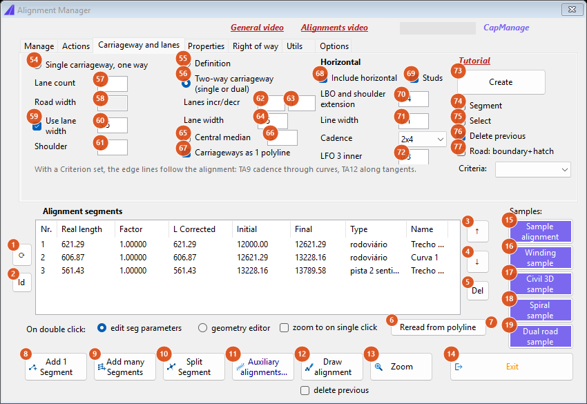 Alignment Manager, Carriageway and lanes tab
