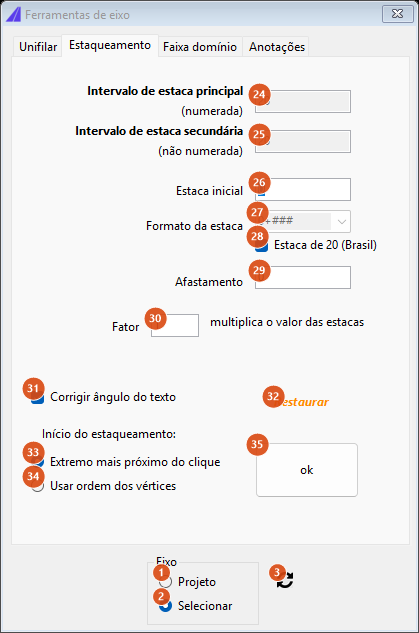 Ferramentas de eixo, aba Estaqueamento com estaca de 20