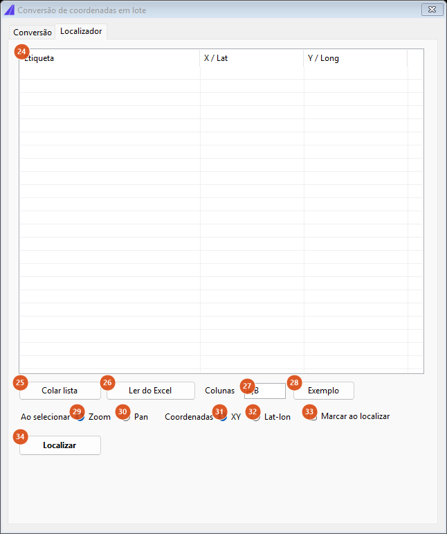 Coordinate batch conversion, Locator tab