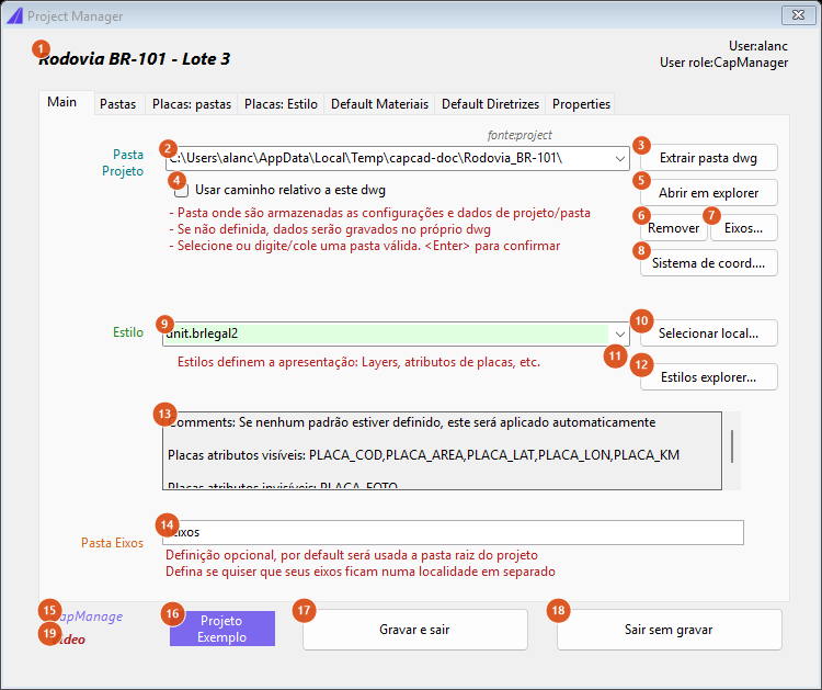 Project Manager, Main tab