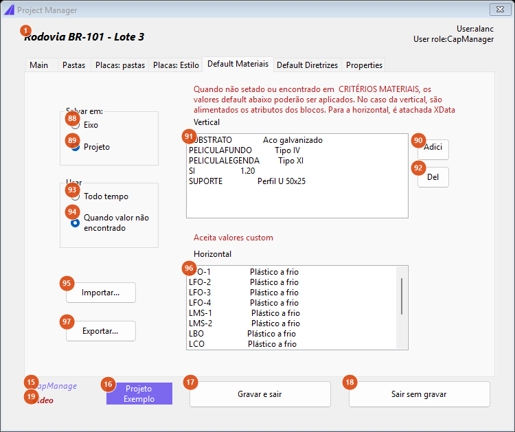 Project Manager, default materials tab