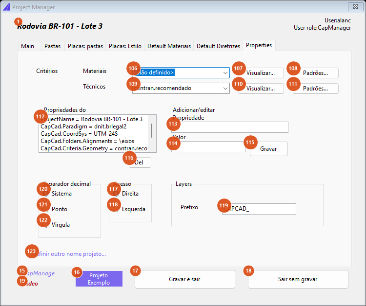 Project Manager, Properties tab