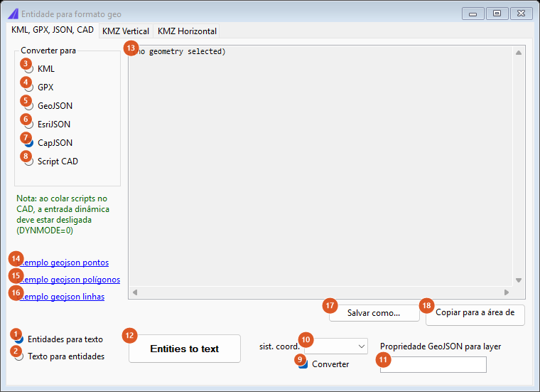 Entity to Geo Format, KML/GPX/JSON/CAD tab