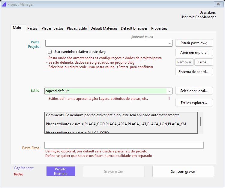 Project Manager, Main tab